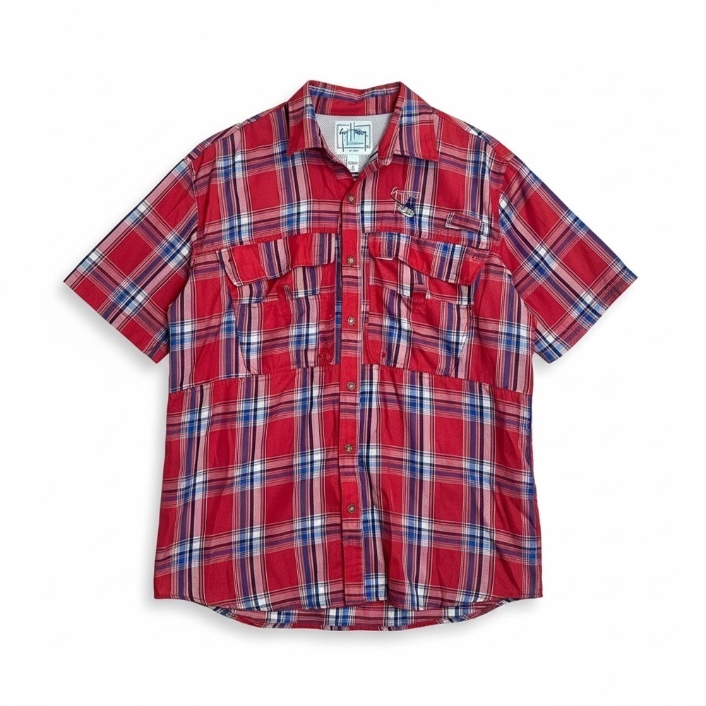 GUY HARVEY AFTCO Marlin Red Blue Plaid Shirt Mens Medium Fishing Vented Pockets